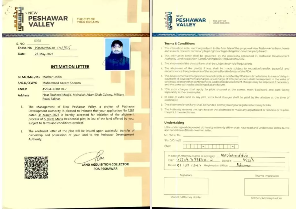 Real Estate Company New Peshawar Valley Intimation Latter